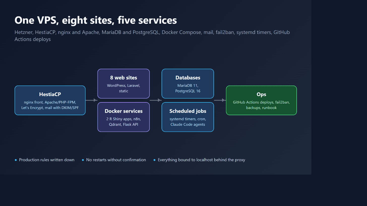 Service map of one VPS: HestiaCP, eight websites, Docker services, databases, scheduled jobs and ops